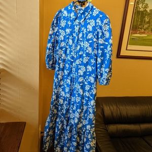 Zara Ruffled Floral Print Shirt Dress, Blue and White, Size M